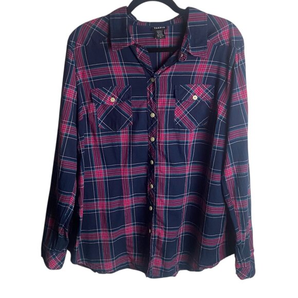 Torrid Size 0 Plaid Button Down Shirt Roll Tab Sleeves Navy Pink Causal Large - Picture 1 of 6